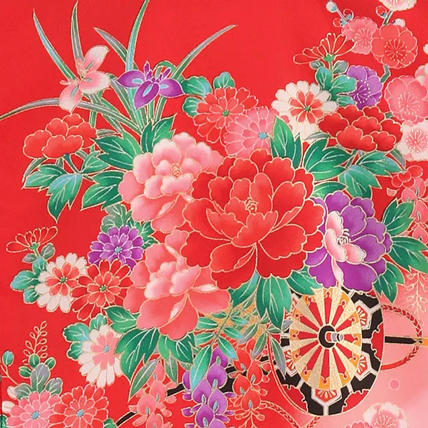 女児産着　赤　花車に扇面鈴