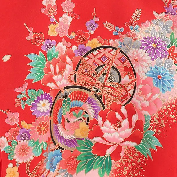 女児産着　赤　鼓に鶴おし鳥
