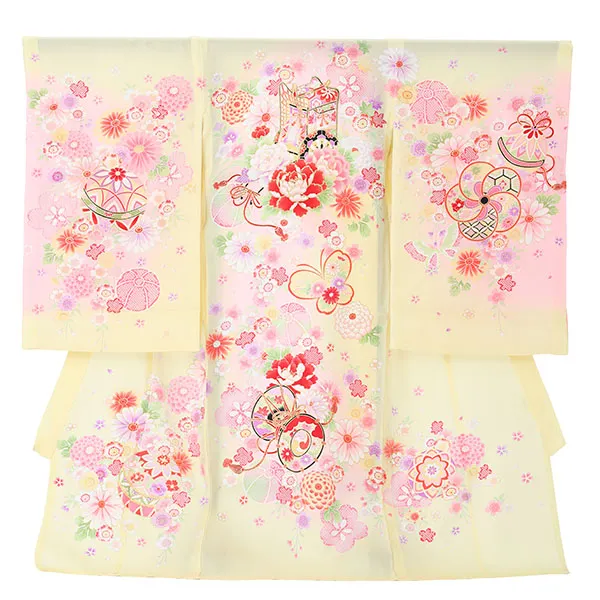 【夏用】【正絹】【刺繍】女児産着　御所車に蝶　鼓　　クリーム　