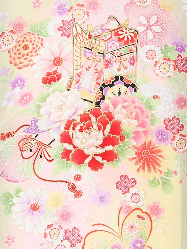 【夏用】【正絹】【刺繍】女児産着　御所車に蝶　鼓　　クリーム　