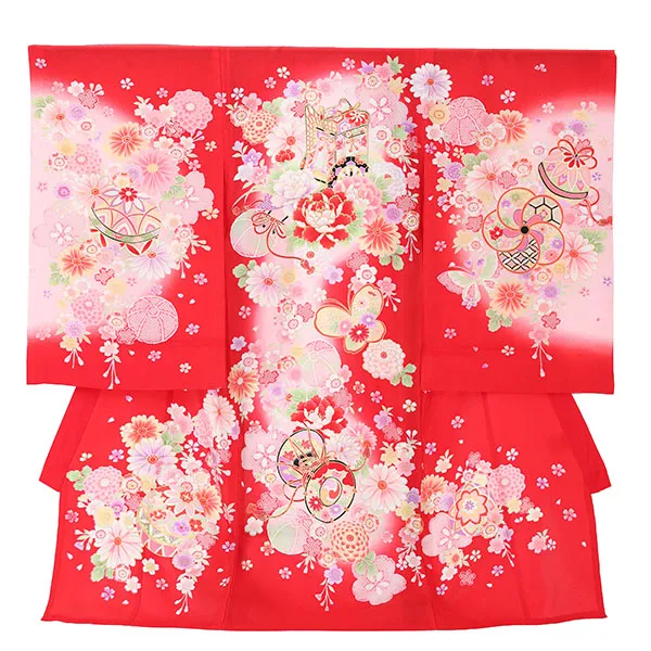 【夏用】【正絹】【刺繍】女児産着　御所車に蝶　鼓　　赤　