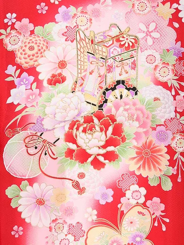 【夏用】【正絹】【刺繍】女児産着　御所車に蝶　鼓　　赤　