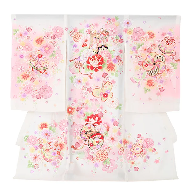 【夏用】【正絹】【刺繍】女児産着　御所車に蝶　鼓　　白　