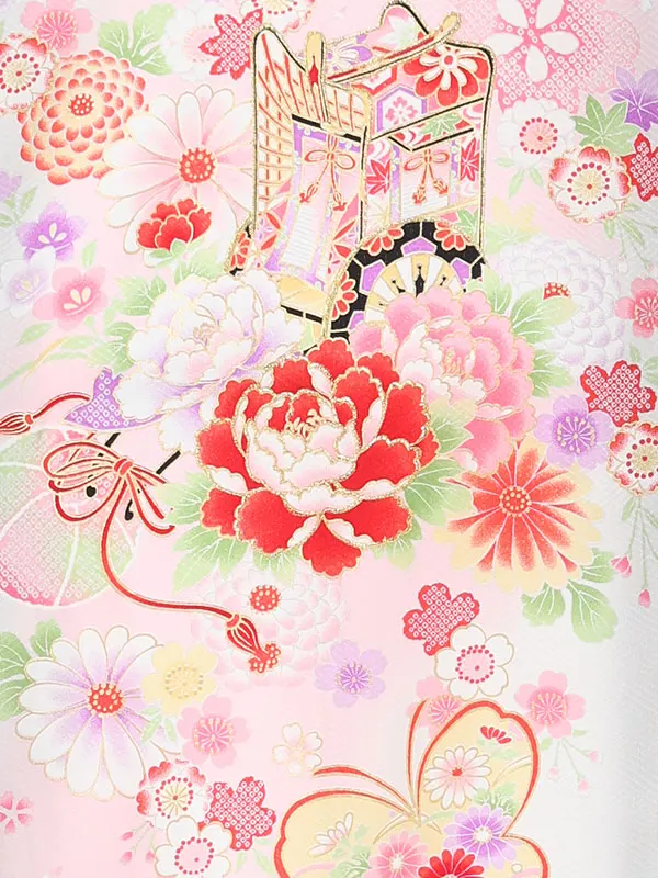【夏用】【正絹】【刺繍】女児産着　御所車に蝶　鼓　　白　