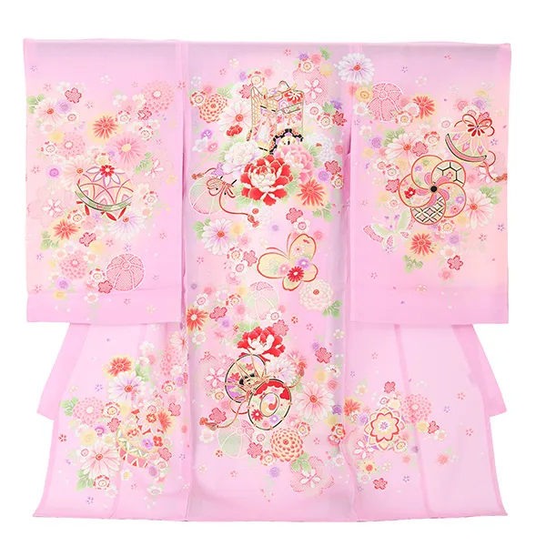 【夏用】【正絹】【刺繍】女児産着　御所車に蝶　鼓　　パープル　