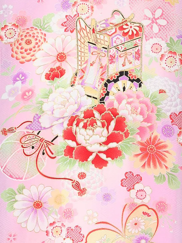 【夏用】【正絹】【刺繍】女児産着　御所車に蝶　鼓　　パープル　