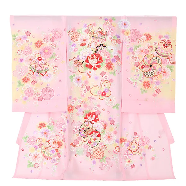 【夏用】【正絹】【刺繍】女児産着　御所車に蝶　鼓　　ピンク　