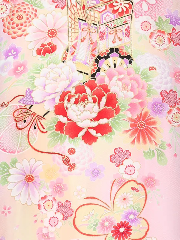【夏用】【正絹】【刺繍】女児産着　御所車に蝶　鼓　　ピンク　