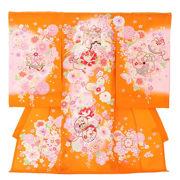 【夏用】【正絹】【刺繍】女児産着　御所車に蝶　鼓　　オレンジ　