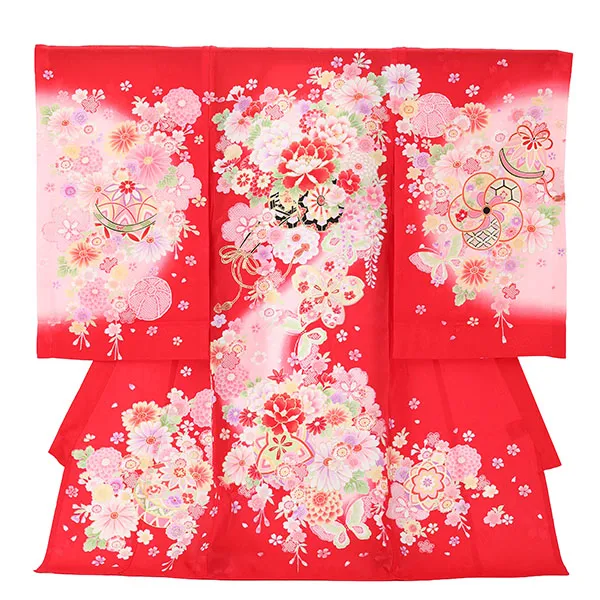 【夏用】【正絹】【刺繍】女児産着　花車にまり　赤