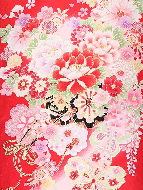 【夏用】【正絹】【刺繍】女児産着　花車にまり　赤