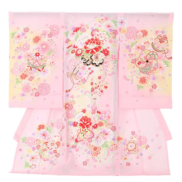 【夏用】【正絹】【刺繍】女児産着　花車にまり　ピンク