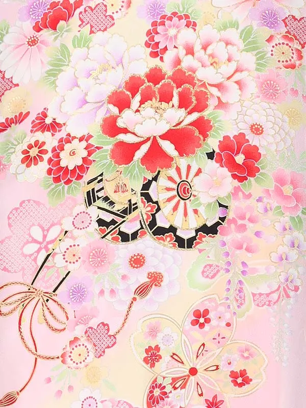 【夏用】【正絹】【刺繍】女児産着　花車にまり　ピンク