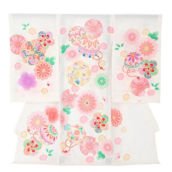 【夏用】【正絹】【刺繍】女児産着　まりにねじり菊　白