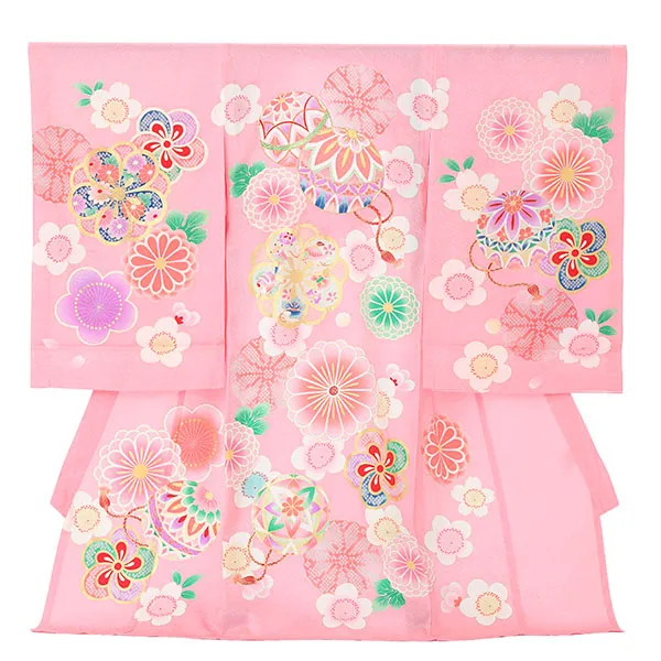 【夏用】【正絹】【刺繍】女児産着　まりにねじり菊　ピンク