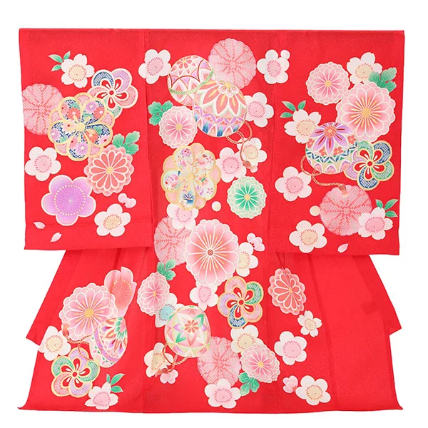 【夏用】【正絹】【刺繍】女児産着　まりにねじり菊　赤