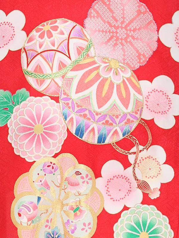 【夏用】【正絹】【刺繍】女児産着　まりにねじり菊　赤