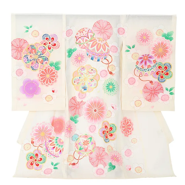 【夏用】【正絹】【刺繍】女児産着　まりにねじり菊　薄クリーム