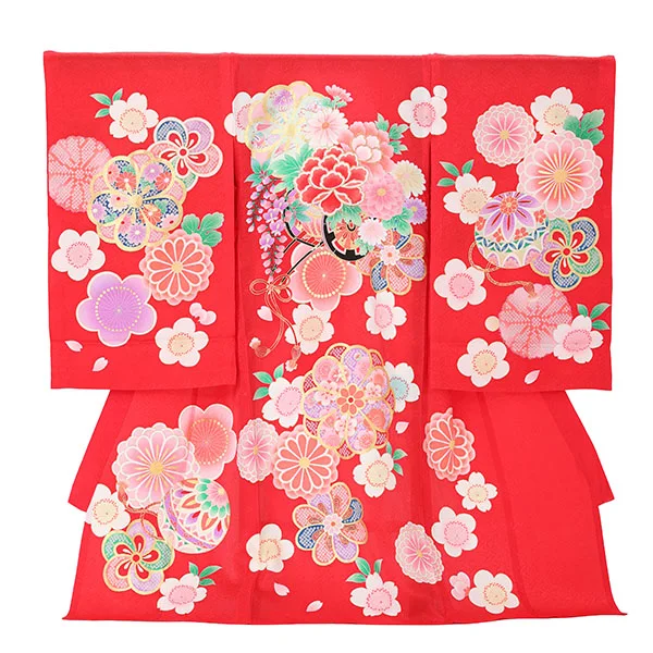 【夏用】【正絹】【刺繍】女児産着　花車にねじり梅　赤