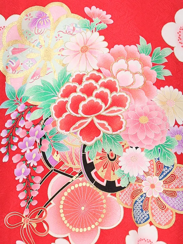 【夏用】【正絹】【刺繍】女児産着　花車にねじり梅　赤