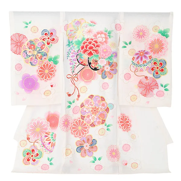 【夏用】【正絹】【刺繍】女児産着　花車にねじり梅　白