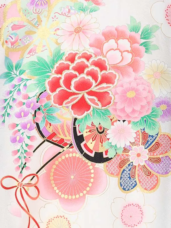 【夏用】【正絹】【刺繍】女児産着　花車にねじり梅　白