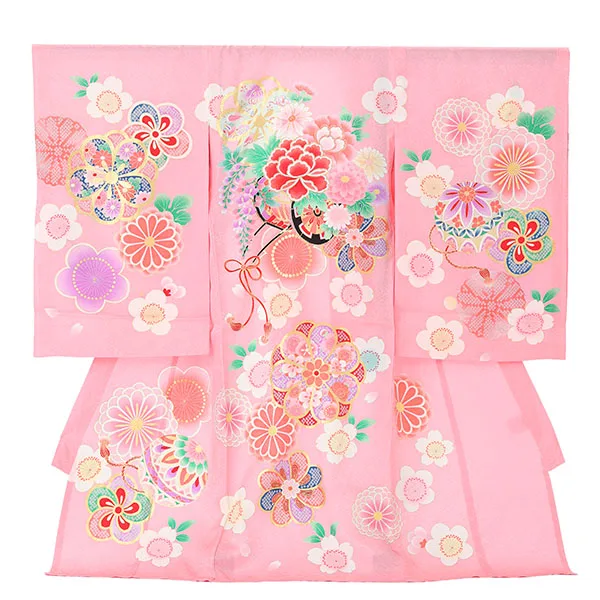 【夏用】【正絹】【刺繍】女児産着　花車にねじり梅　ピンク