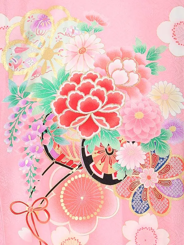 【夏用】【正絹】【刺繍】女児産着　花車にねじり梅　ピンク
