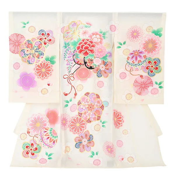 【夏用】【正絹】【刺繍】女児産着　花車にねじり梅　薄クリーム