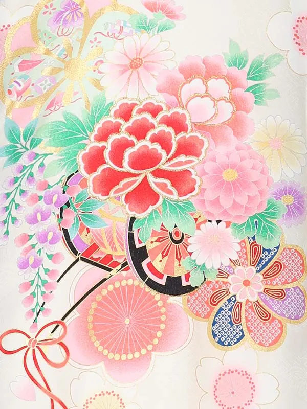 【夏用】【正絹】【刺繍】女児産着　花車にねじり梅　薄クリーム