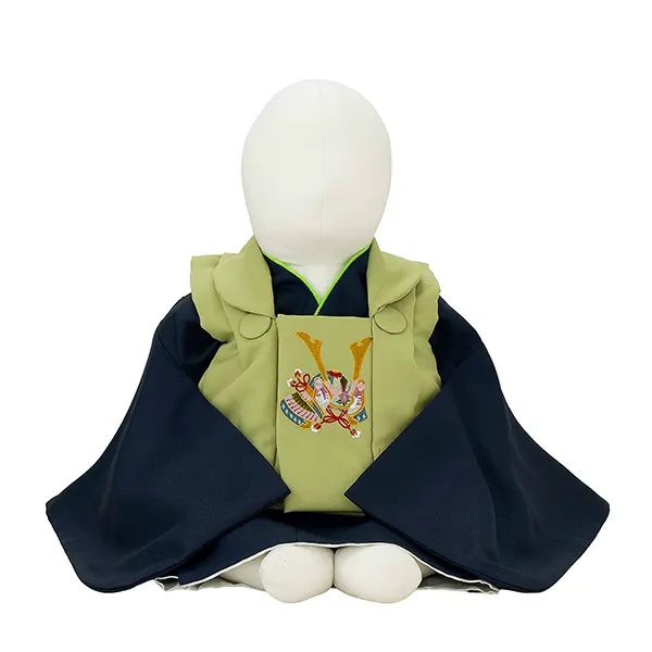 【刺繍】男児ベビー着物　かぶと　抹茶