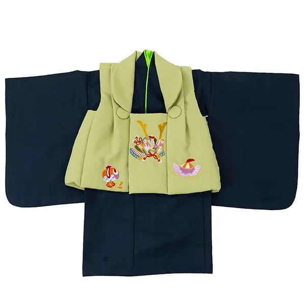 【刺繍】男児ベビー着物　かぶと　抹茶