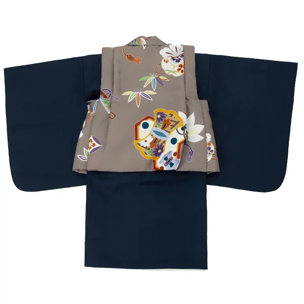 男児ベビー着物　刀鍔　あずき