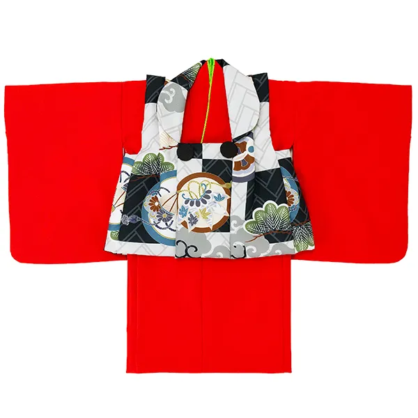 男児ベビー着物　丸紋格子　黒