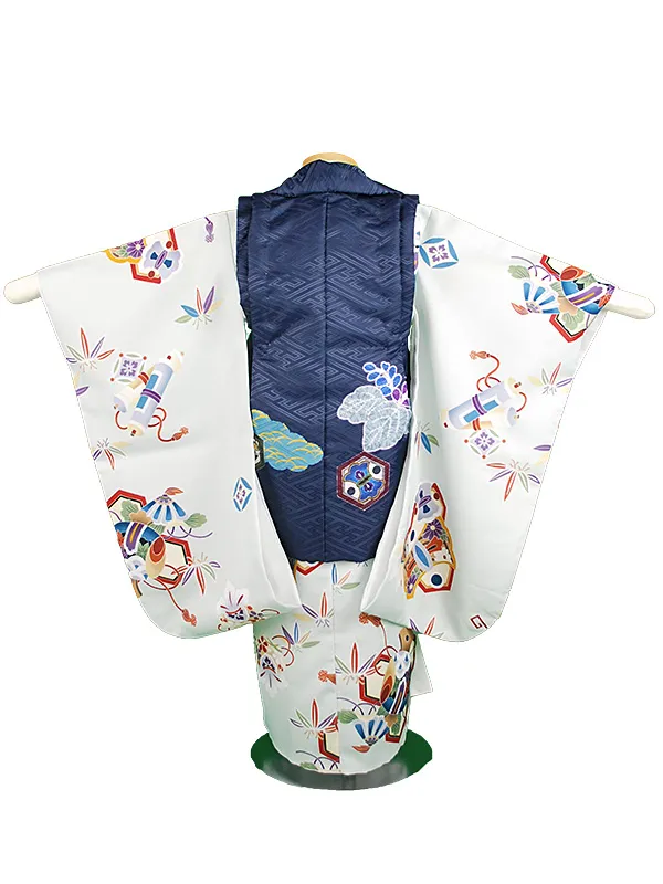 3歳男児被布【刺繍】タカ紺　ブルー刀鍔