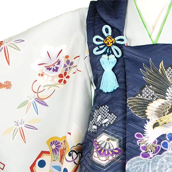 3歳男児被布【刺繍】タカ紺　ブルー刀鍔