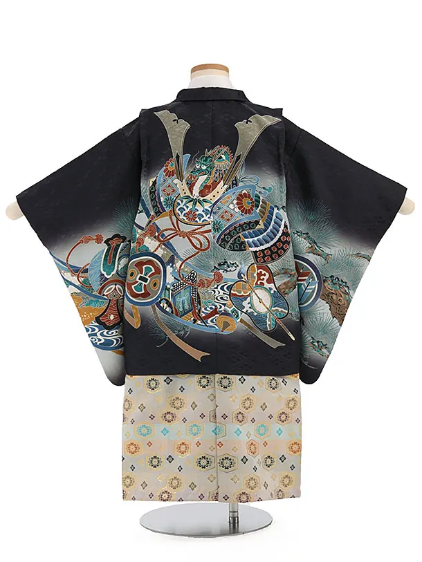 かんたん袴セット(3歳男の子袴) 　カブトに巻物　黒　