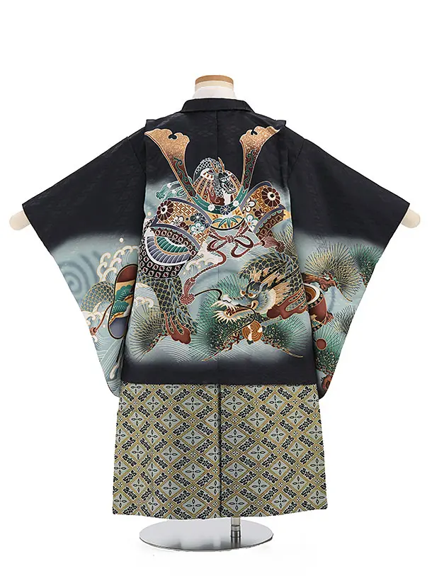 かんたん袴セット(3歳男の子袴)  　カブトに龍　黒　