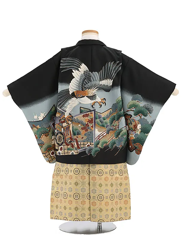 かんたん袴セット(3歳男の子袴) 　タカに屏風　黒