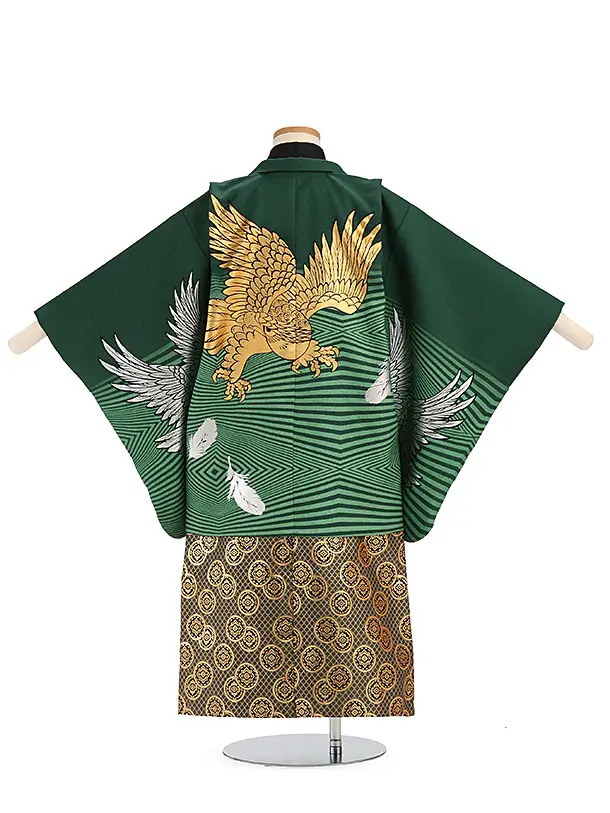 かんたん袴セット(5歳男の子袴) 【金彩】タカ　グリーン　