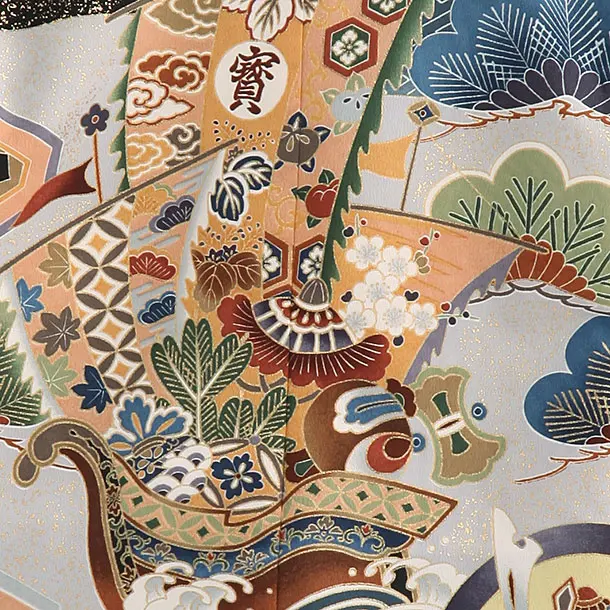 かんたん袴セット(5歳男の子袴) 【刺繍】宝船　グレー　　