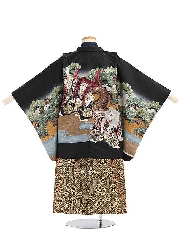 かんたん袴セット(5歳男の子袴)【刺繍】 連獅子　黒　　