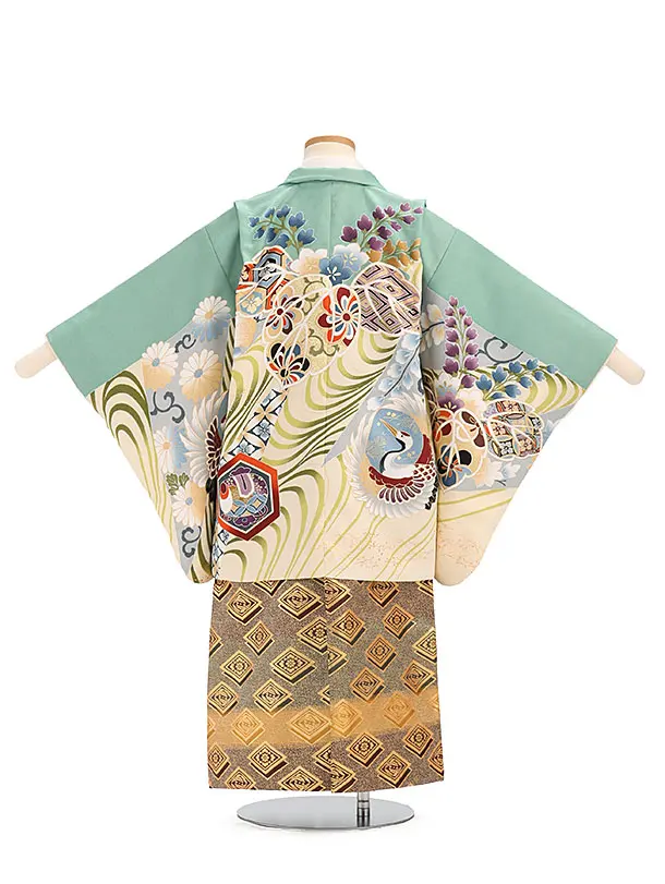 かんたん袴セット(5歳男の子袴) 【刺繍】桐　ミントグリーン　