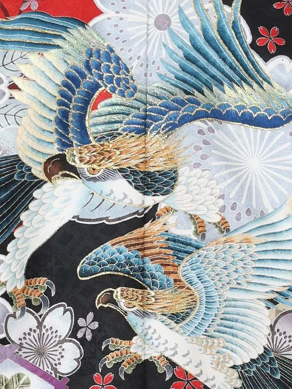 【刺?】２羽タカ　黒　　着物白