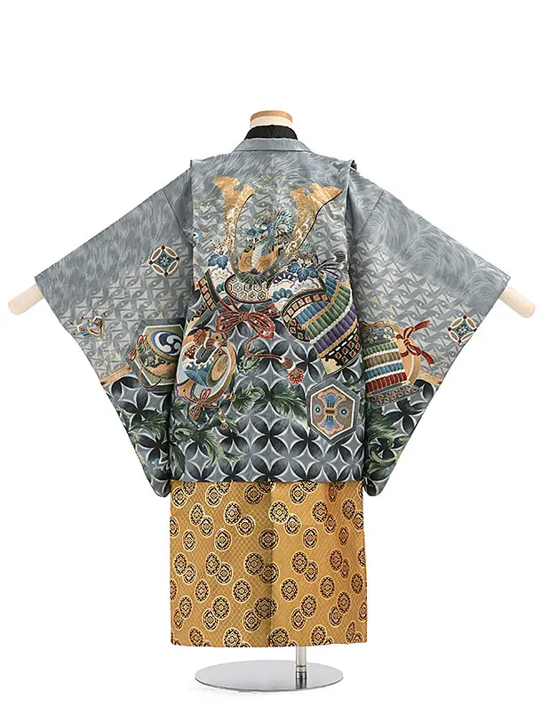 かんたん袴セット(5歳男の子袴)【刺繍】カブトに七宝　グレー　