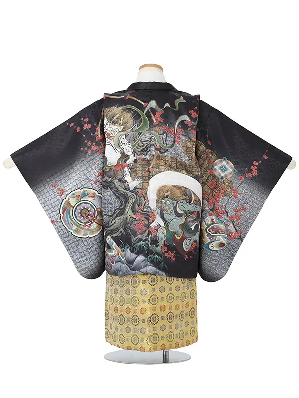 【刺?】風神雷神　黒　　着物白