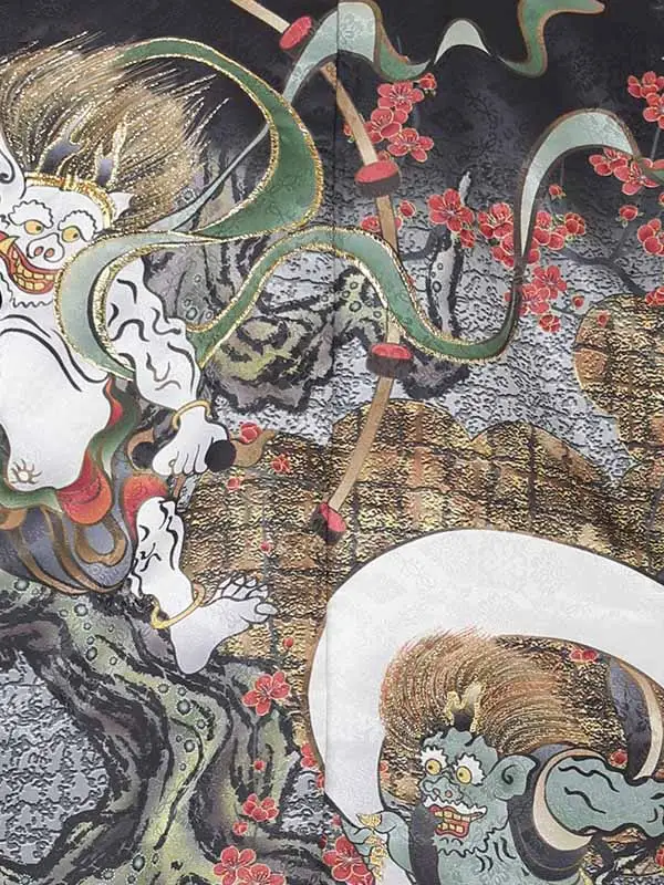 【刺?】風神雷神　黒　　着物白