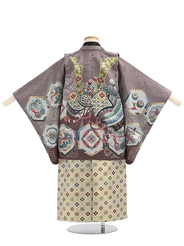 かんたん袴セット(5歳男の子袴) 【刺繍】カブトに亀甲　茶　　