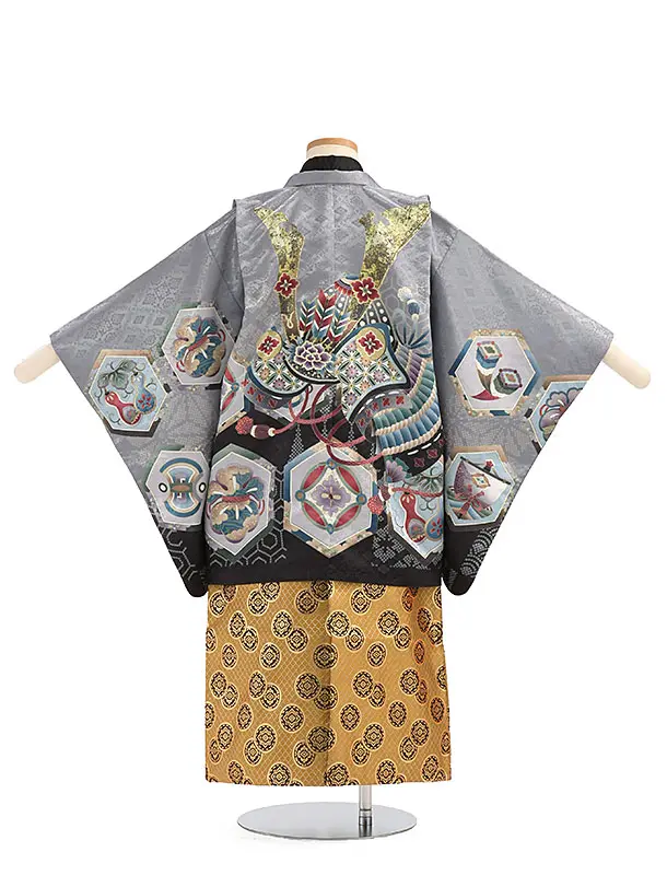 かんたん袴セット(5歳男の子袴)【刺繍】 カブトに亀甲　グレー　　