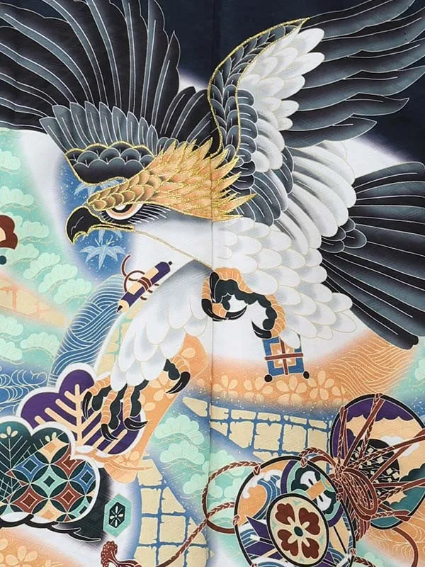 【刺?】タカに鼓　紺　　着物紺